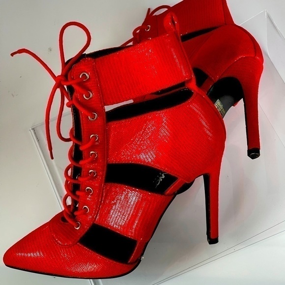 Fashion Nova Red Stiletto Pumps Heels Strappy Lace Up Ankle Boots Sexy, Sz 7 - Picture 2 of 8